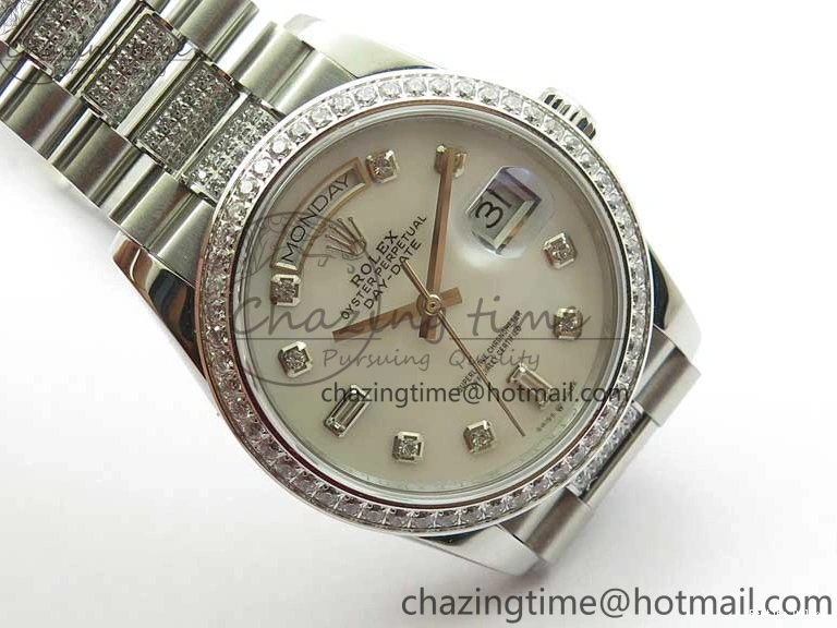 0516 Day-Date 36mm 128239 SS Crystal BP Best Edition White MOP Crystal Marker Dial on SS President Bracelet A MoistureWicking 2682